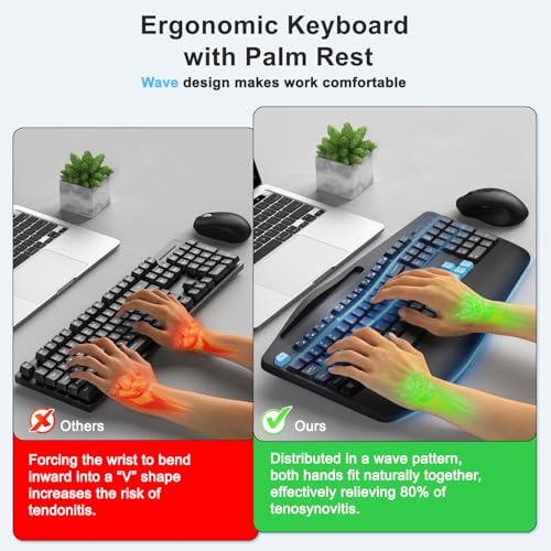 Wireless Keyboard and Mouse Combo, Full Size Ergonomic Wave Keys(Blue) | 2.4G Ergonomic Keyboard with Wrist Rest, Phone Holder, 3-Level DPI Silent Mouse with 6-Buttons, for Windows/Mac OS/Laptop/PC - color: Blue Black