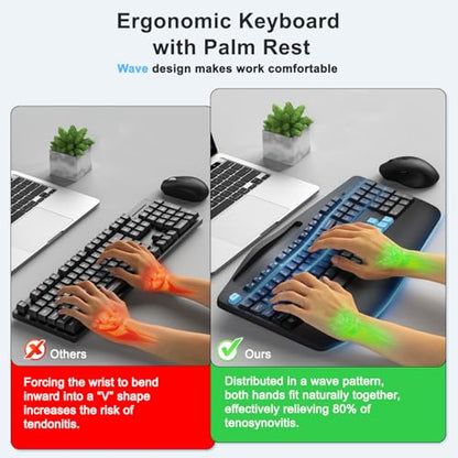 Wireless Keyboard and Mouse Combo, Full Size Ergonomic Wave Keys(Blue) | 2.4G Ergonomic Keyboard with Wrist Rest, Phone Holder, 3-Level DPI Silent Mouse with 6-Buttons, for Windows/Mac OS/Laptop/PC - color: Blue Black