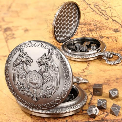 Mini DND Dice Set with Wand and Double Dragon Head Pocket Watch Shell Case, DND Starter Set, 7pcs Polyhedral Mini Metal Dice Set, D&D Gifts with Gift Bag, Role Playing Board Game Accessories, Silver - color: Dark Silver