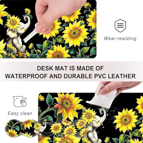 Mouse Pad,Large Desk Mat Set, 4in1 XL Mousepad + Keyboard Wrist Rest+Mouse Wrist Rest+Coaster with Ergonomic Desk Pad for Home Office Table Computer Cover -Elephant with Sunflowers - color: Elephant with Sunflowers