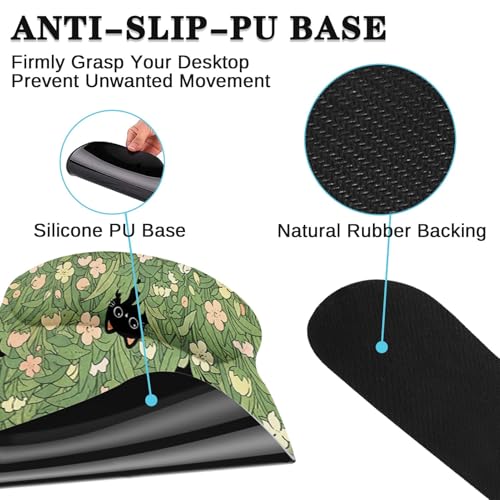 Arttown Keyboard Mouse Pad Set, 4 in 1 Desk Mat Set Black Cat | Cute Flower Leaves Pink Large Mousepad+Keyboard Wrist Rest+Mouse Wrist Rest+Coaster Ergonomic Design for Home Office Computer - color: Black Cats