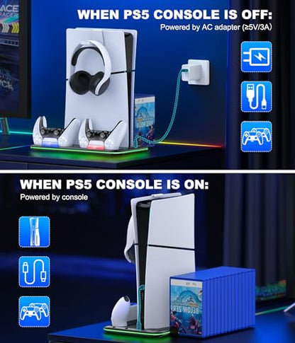 PS5/PS5 Slim Stand and Cooling Station with Controller Charging Station for Playsation 5, PS5 Accessories Kit Incl. 3 Levels Cooling Fan, LED, 15 Game Slot, Headset Holder for PS5 Digital/Disc Console - size: S-for PS5/Slim