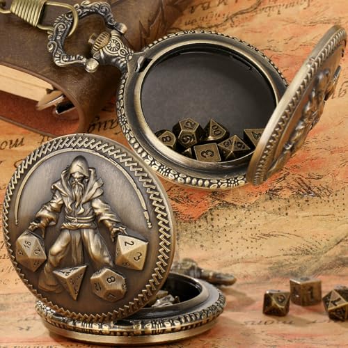 Mini DND Dice Set, Hand Held Dice Wizard Pocket Watch Shell Case, 7 Piece Polyhedral Metal D&D Dice Set, DND Gifts with Gift Box, Role Playing Board Game Accessories, Bronze - color: Bronze