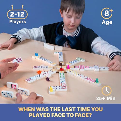 Queensell Mexican Train Dominoes Set with Jumbo Tiles – Double 12 Dominoes Set for Adults, 91 Tiles with Colorful Dots, Wooden Hub, Train & Aluminum Case - style: D12 Jumbo