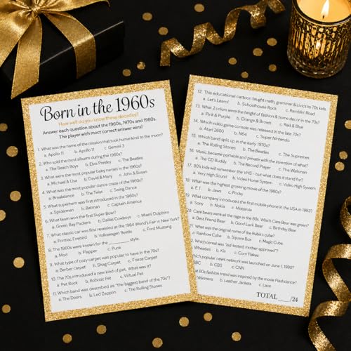 Black and Gold 60th Birthday Games Set, Born in the 1960s, 20 Guests | 5" x 7" Dual-Sided Cards, Who Knows Best, Older or Younger, and 1960s Trivia Games, Answer Keys Included