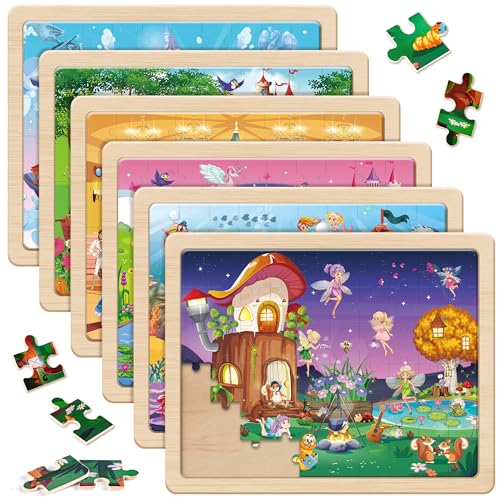 SYNARRY Unicorn Mermaid Princess Fairy Wooden Puzzles for Kids Ages 4-6, 6 Packs 60 PCs Jigsaw Puzzles for Kids Ages 4-8, Preschool Toys Gifts for Toddlers 3-5, Wood Puzzles for 3 4 5 6 Year Old Girls - style: Fantasy