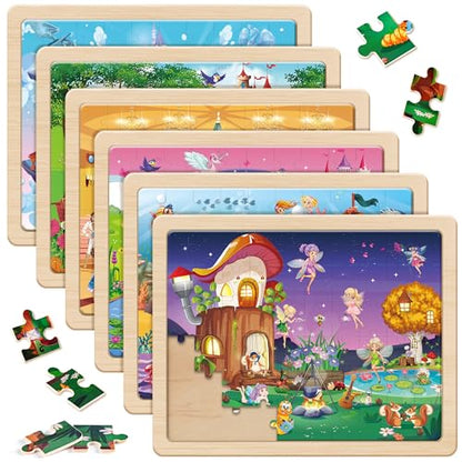SYNARRY Unicorn Mermaid Princess Fairy Wooden Puzzles for Kids Ages 4-6, 6 Packs 60 PCs Jigsaw Puzzles for Kids Ages 4-8, Preschool Toys Gifts for Toddlers 3-5, Wood Puzzles for 3 4 5 6 Year Old Girls - style: Fantasy