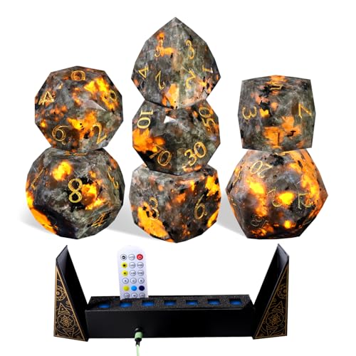 Natural Flame Yooperlite Gemstone 7-Piece Diamond Cut Dice Set D&D Set for Dungeons and Dragons, RPG, Tabletop Games, remium Gift Box & Durable Design - color: Ls-5