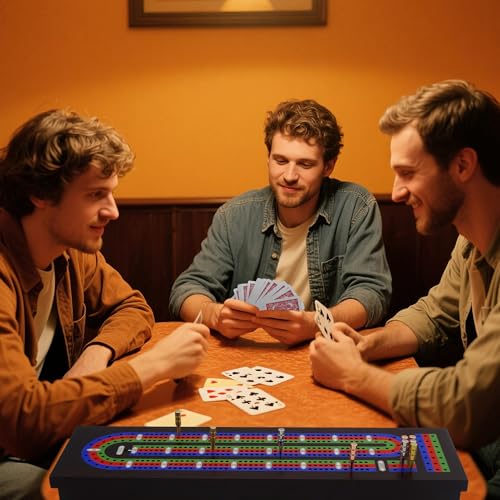 Wooden Cribbage Board Game Set with Metal Pegs and 2 Decks of Playing Cards, Travel Cribbage Board with Card Storage, Magnetic Lock, Classic Continuous 3 Track Cribbage Set for Family