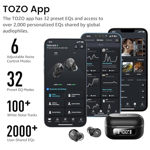 TOZO NC9 Hybrid Active Noise Cancelling Wireless Earbuds, 60H, LED Display | 6 Mic ENC Clear Calls, Deep Bass Sound, IPX8 Waterproof, in Ear Bluetooth 5.3 Headphones,32 EQs via APP, Comfort Fit Ear Buds - color: Dark Black