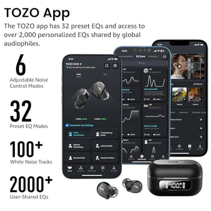 TOZO NC9 Hybrid Active Noise Cancelling Wireless Earbuds, 60H, LED Display | 6 Mic ENC Clear Calls, Deep Bass Sound, IPX8 Waterproof, in Ear Bluetooth 5.3 Headphones,32 EQs via APP, Comfort Fit Ear Buds - color: Dark Black
