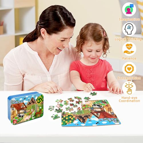 LELEMON Puzzles for Kids Ages 4-6,60 Piece Puzzles for Kids in a Metal Box | Farm Educational Jigsaw Puzzles Kids Puzzles,Childrens Puzzle Games Puzzle Toys for Girls and Boys - color: Farm