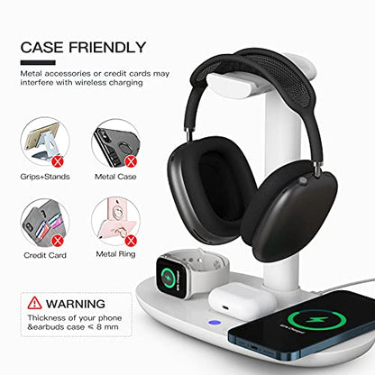 Headphone Stand with 15w Wireless Charger, Suguder 4 in 1 Charging Station Headset Holder for AirPods Max/Pro/4/3/2 iWatch 10/9/8/7/6/5/4/3/2/1/SE iPhone 17/16/15/14/13/12/11/X for Desktop Table Game | 4 in 1 15w Charging Station Headset Holder for AirPod