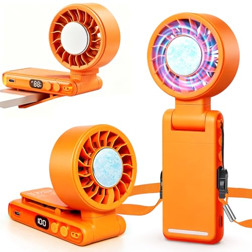 Handheld Portable Turbo Fan with Ice Cooling,5 Speed Rechargeable LED Display Foldable Hand Held Personal Clip/Neck/Waist Fan,180°& 360° Adjustable,Pocket Mini Fan for Outdoor/Home/Office (Orange) - color: Orange