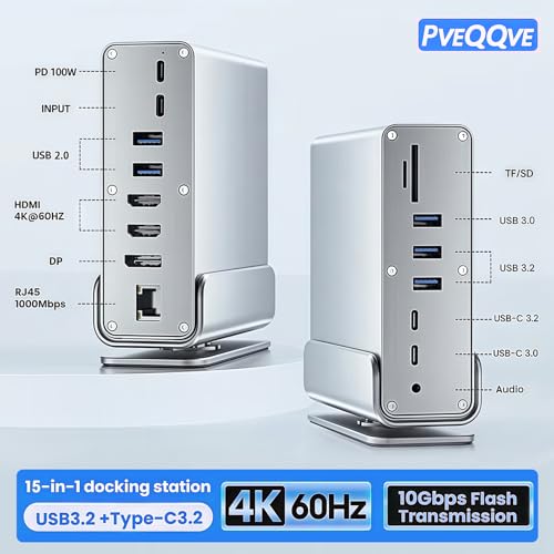 15-in-1 USB C Hub/Docking Station Dual Monitor 2 HDMI with Ethernet PD | 4k HD Triple Display (2x HDMI+1x DP), Gigabit Ethernet, 100W PD Charging, 20X Faster Transfer (10Gbps) with USB 3.2,TF/SD