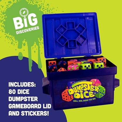 Big Discoveries Dumpster Dice Fast-Paced Family Dice Game | Fun 4-Player Board and Dice Game with Dumpster, 80 Piece Dice Set, and Graffiti Stickers | Perfect for Travel, Parties, and Game Night