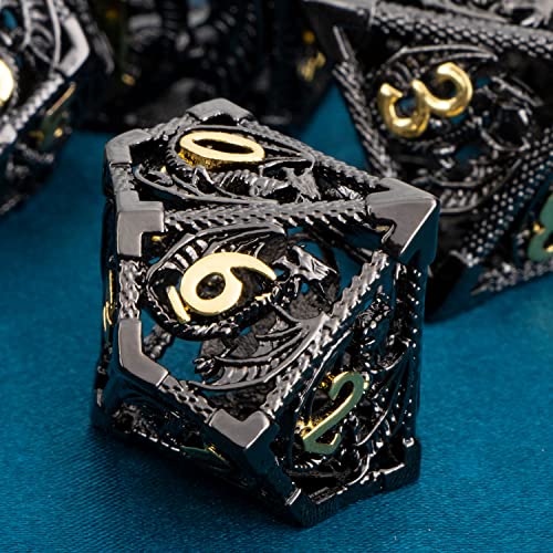 ARUOHHA Hollow DND Metal Dice Set Black Gold Dragons D and D Dice, RPG Role Playing Games Dungeons Polyhedral Dice with Gift Box D20 D12 D10 D8 D6 D4 - color: Black Gold