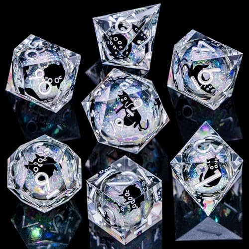 DND Cat Dice Set Colorful White Sharp Edge Dice with Box, RPG D and D Dice Dungeons Dragons Role Playing Game Polyhedral Resin Dice Set D20 D12 D10 D8 D6 D4 - color: Colorful White Silver