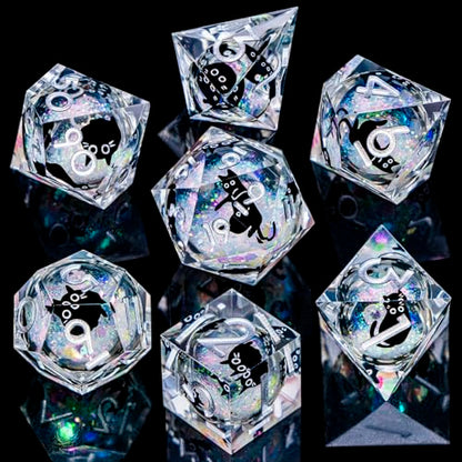 DND Cat Dice Set Colorful White Sharp Edge Dice with Box, RPG D and D Dice Dungeons Dragons Role Playing Game Polyhedral Resin Dice Set D20 D12 D10 D8 D6 D4 - color: Colorful White Silver