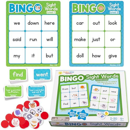 Bright Seed Sight Words Bingo Game, Learn to Read - Level 1 & 2 | Kindergarten Reading Skills, Laminated for Repeated Use, Fun Family & Classroom Game, Supports Early Reading Success