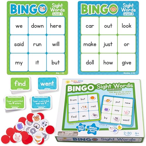 Bright Seed Sight Words Bingo Game, Learn to Read - Level 1 & 2 | Kindergarten Reading Skills, Laminated for Repeated Use, Fun Family & Classroom Game, Supports Early Reading Success