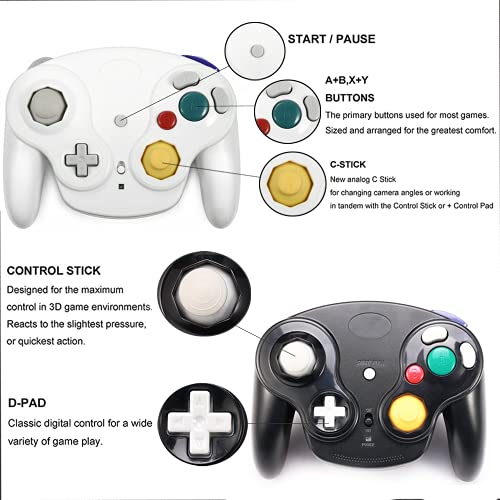 Wireless Game Cube Controller, 2 Pieces 2.4G Wireless Classic Gamepad with Receiver Adapter for Wii Game Cube NGC GC (Black and White) - color: Black and White