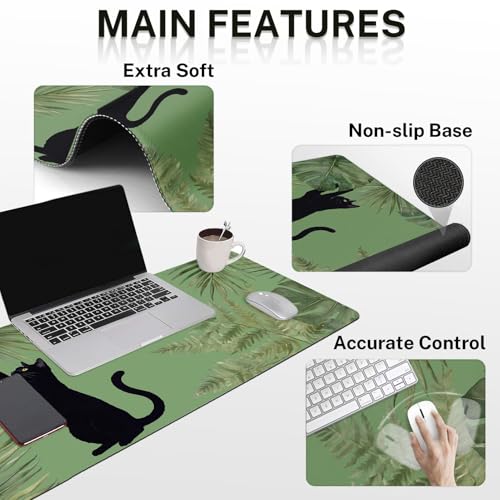 Britimes Sage Olive Green Leaves Keyboard Mouse Pad Set Funny Cute Cat 4in1 Large Mousepad+Keyboard Wrist Rest+Mouse Wrist Rest+Coaster Ergonomic Design for Home Office Computer 35.4x15.7 inches - color: Green Cloud