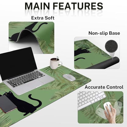 Britimes Sage Olive Green Leaves Keyboard Mouse Pad Set Funny Cute Cat 4in1 Large Mousepad+Keyboard Wrist Rest+Mouse Wrist Rest+Coaster Ergonomic Design for Home Office Computer 35.4x15.7 inches - color: Green Cloud