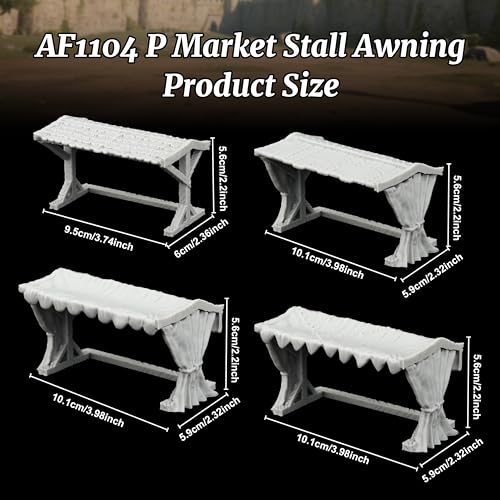Miniature Game Market Stalls - 25mm Scale Unpainted TTRPG Merchant Tent Scenery, 4-Piece Fabric Awning Map Props for Dungeons and Dragons Wargame - Market Stall Awning (AF1104 P) - color: Af1104 P Market Stall Awning