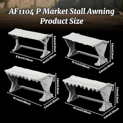 Miniature Game Market Stalls - 25mm Scale Unpainted TTRPG Merchant Tent Scenery, 4-Piece Fabric Awning Map Props for Dungeons and Dragons Wargame - Market Stall Awning (AF1104 P) - color: Af1104 P Market Stall Awning