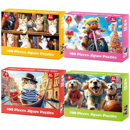 4-Pack 100 Piece Puzzles for Kids Ages 4-6 6-8 8-10 Year Old - Lovely Cats & Bear & Dogs Large Piece Jigsaw Puzzles, Kids Puzzles Learning Educational Toys Christmas Puzzle Gifts for Boys Girls - style: Lovely Cats Bear Dogs