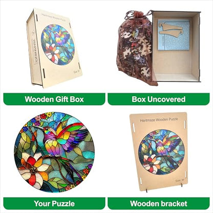 Hartmaze Stained Glass Hummingbird Wooden Puzzle, 178 Intricate Irregular Pieces, 11.2x11.2 Inch, Exquisite Wooden Gift Box – Vibrant Mosaic Art Jigsaw for Adults & Kids 8+ - color: Stained Glass and Hummingbird