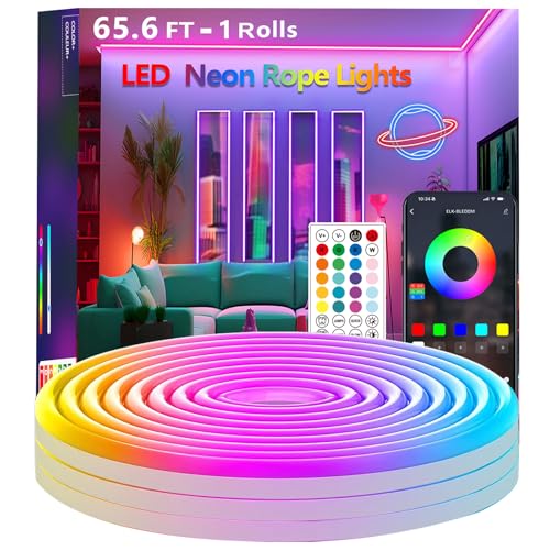 65.6FT Neon Rope Lights,Flexible Led Light Control with App/Remote,Multiple Modes,IP65 Outdoor Waterproof,Music Sync Strip for Bedroom - size: 65.6FT Neon Rope Lights
