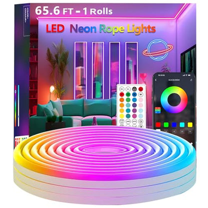 65.6FT Neon Rope Lights,Flexible Led Light Control with App/Remote,Multiple Modes,IP65 Outdoor Waterproof,Music Sync Strip for Bedroom - size: 65.6FT Neon Rope Lights