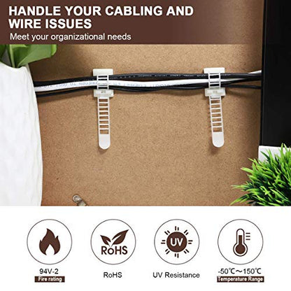 100Pcs Adhesive Cable Management Clips with 50Pcs Zip Ties, Adjustable Nylon Cable Strap Ties Wire Clips Clamps Organizer, Extra Screw & Hole - 3.55 Inch White - color: White, size: L-100pcs