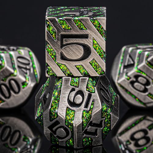 DND Dice Set Dungeons and Dragons Dice d20 Metallic Stripes Dice with Gift Case, Polyhedral Dice Sets for Tabletop Games D&D Dice MTG Pathfinder Role Playing Game, Antique Nickel Bright Green - color: Antique Nickel Bright Green