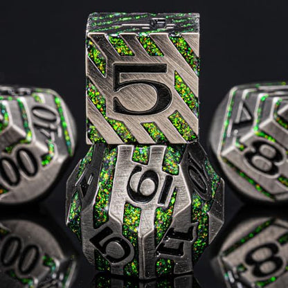 DND Dice Set Dungeons and Dragons Dice d20 Metallic Stripes Dice with Gift Case, Polyhedral Dice Sets for Tabletop Games D&D Dice MTG Pathfinder Role Playing Game, Antique Nickel Bright Green - color: Antique Nickel Bright Green
