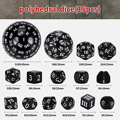 CiaraQ DND Polyhedral Dice Set (15pcs) D4-D100 Game Dice with Dice Bag | Acrylic Role Playing Dice for Dungeons and Dragons MTG Table Games (Black & White) - color: Black & White