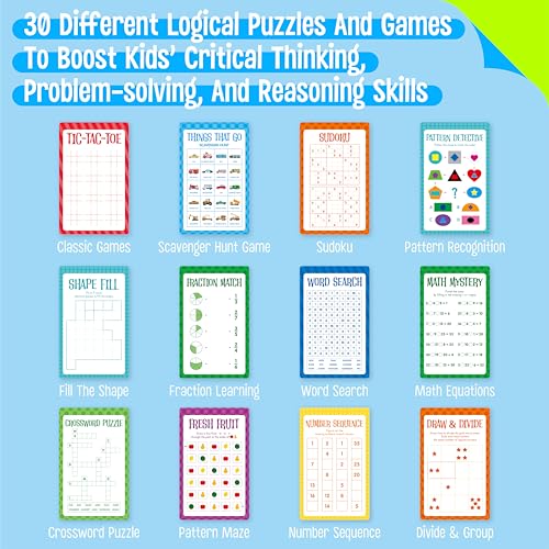 Logic Puzzles Game Pad, 30 Reusable & Erasable Logical Thinking Games-Sudoku, Scavenger Hunt, Math Games, Dry Erase Brain-Boosting Puzzles Activities Pad for Kids, Road Trip, Airplane & Car Travel - style: Game Pad