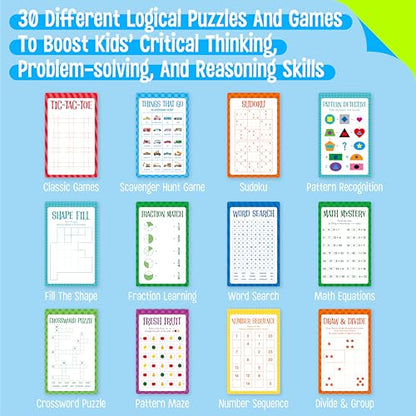 Logic Puzzles Game Pad, 30 Reusable & Erasable Logical Thinking Games-Sudoku, Scavenger Hunt, Math Games, Dry Erase Brain-Boosting Puzzles Activities Pad for Kids, Road Trip, Airplane & Car Travel - style: Game Pad