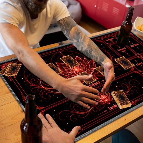 Playmat for MTG with Zones, 24 x 14 Inch Card Game Mat, Stitched Edges, Non Slip Rubber Base, 2mm Washable Play Mat with Storage Bag, Lotus Flower Design, Red Color - color: Red