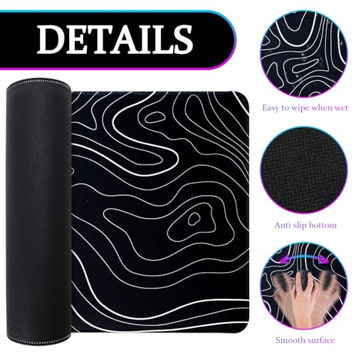 Mouse Pad Gaming Mousepad, 31.5 x 11.8in Large Desk Mat Keyboard Pads Extend Long XL Mouse Mat with Non-Slip Base Desk Accessories for Home Office Keyboard Mouse (Black Topographic) - color: Black Topographic