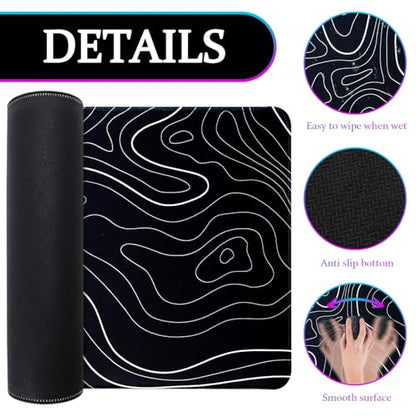 Mouse Pad Gaming Mousepad, 31.5 x 11.8in Large Desk Mat Keyboard Pads Extend Long XL Mouse Mat with Non-Slip Base Desk Accessories for Home Office Keyboard Mouse (Black Topographic) - color: Black Topographic
