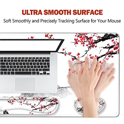 ToLuLu Extended Gaming Mouse Pad, Memory Foam Ergonomic Keyboard Mouse Wrist Rest Support Set, Large Desk Mat with Stitched Edges, Non-Slip Base Mousepad for Home Office Game, Cherry Blossom Sakura - color: Cherry Blossom Sakura