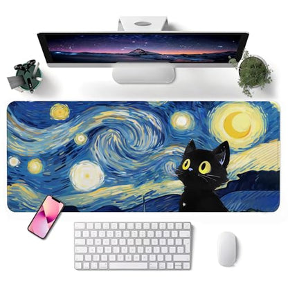 Mouse Pad, Desk Mat, 31.5x11.8in Large Mousepad | Desk Pad with Stitched Edge & Rubber Non-Slip Bottom, Gaming Mouse Pad, Mousepad for Home, Office, Blue Starry Sky Cat - color: Blue Starry Sky Cat