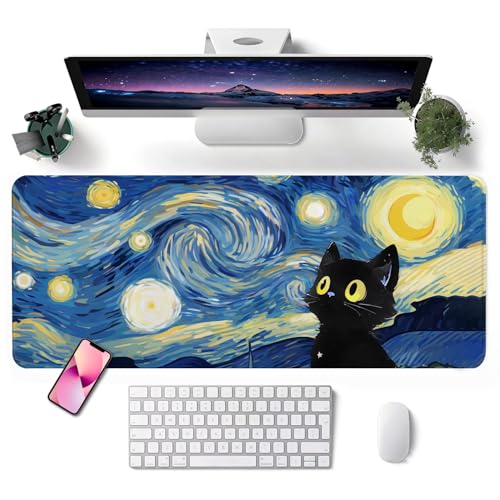 Mouse Pad, Desk Mat, 31.5x11.8in Large Mousepad | Desk Pad with Stitched Edge & Rubber Non-Slip Bottom, Gaming Mouse Pad, Mousepad for Home, Office, Blue Starry Sky Cat - color: Blue Starry Sky Cat