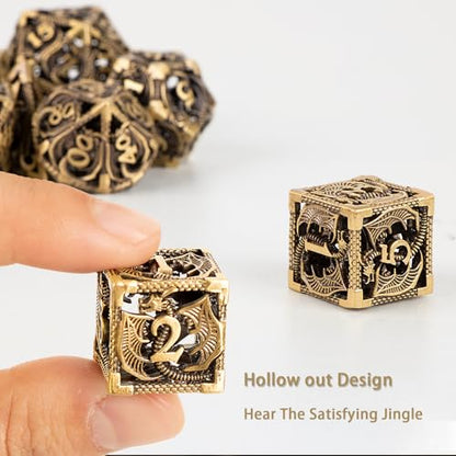 7PCS DND Dice Set, Premium Hollow Metal Polyhedral Dice with Treasure Chest & Dice Bag, Gift for Men & Women, Dungeons and Dragons, TTRPG RPG Tabletop Games (Antique Gold Copper) - color: Antiquegold-copper