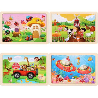 Wooden Puzzles Toys for Kids Ages 3-5, Set of 4 Packs with 20-Piece Farm, Animals Theme Wood Jigsaw Puzzles, Preschool Educational Brain Teaser Toys for Boys and Girls 3-6 Years Old. - color: Animals
