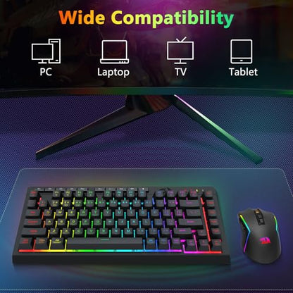 Redragon Wireless Gaming Keyboard and Mouse Combo, Bluetooth/2.4G/USB-C Wired, RGB Backlit, 75% Portable Quiet Rechargeable Macro Membrane Keyboard & 12800 DPI Mouse with Software for Win/MAC - color: Gaming Combo