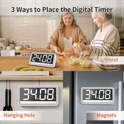 Large 7.8" Digital Timer, Magnetic LED Timer for Kitchen & Classroom | USB-C Rechargeable, Up to 99 Hours Count Up & Countdown Timer with 3 Brightness Levels, 4 Alert Modes and 3 Volume Levels - color: White